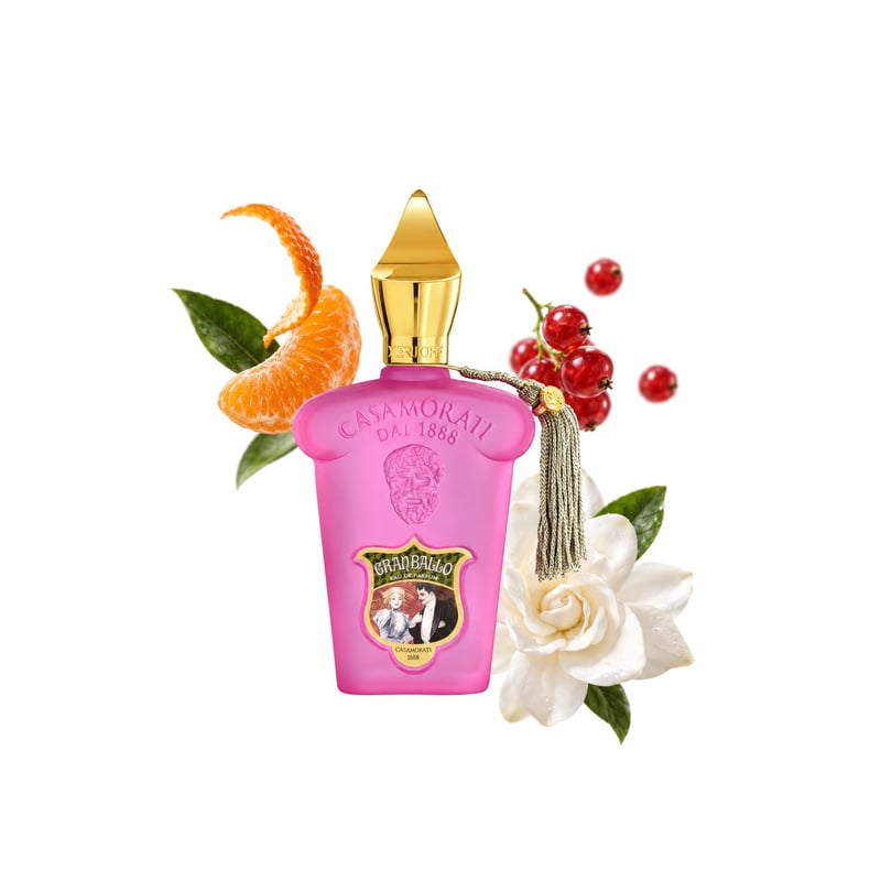 Gran Ballo by Xerjoff, bottle pictured with its key notes: Tangerine, Red Berries and Gardenia