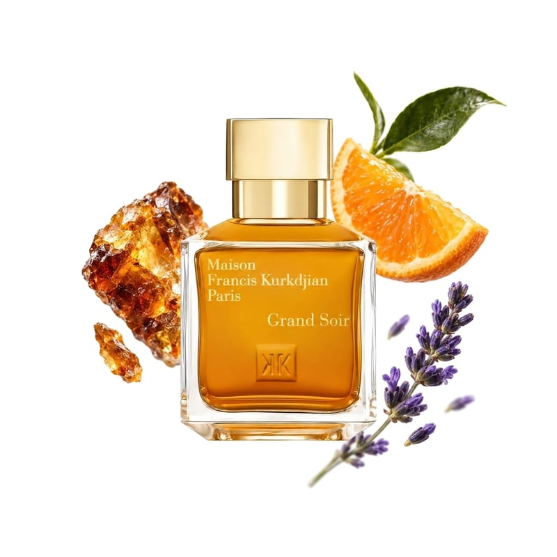 Grand Soir by Maison Francis Kurkdjian, bottle pictured with its key notes: Spanish Labdanum, Orange and Lavender