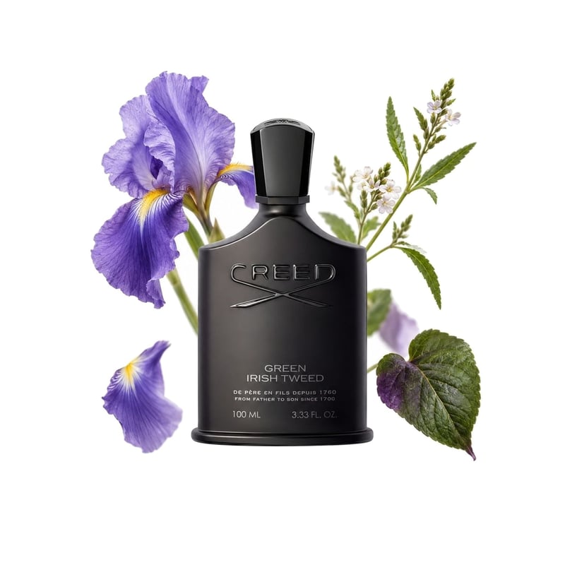 Green Irish Tweed by Creed, bottle pictured with its key notes: Iris, Vervain and Violet Leaf