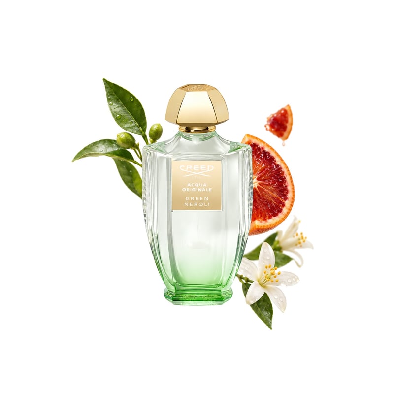 Green Neroli by Creed, bottle pictured with its key notes: Petitgrain, Blood Orange and Neroli