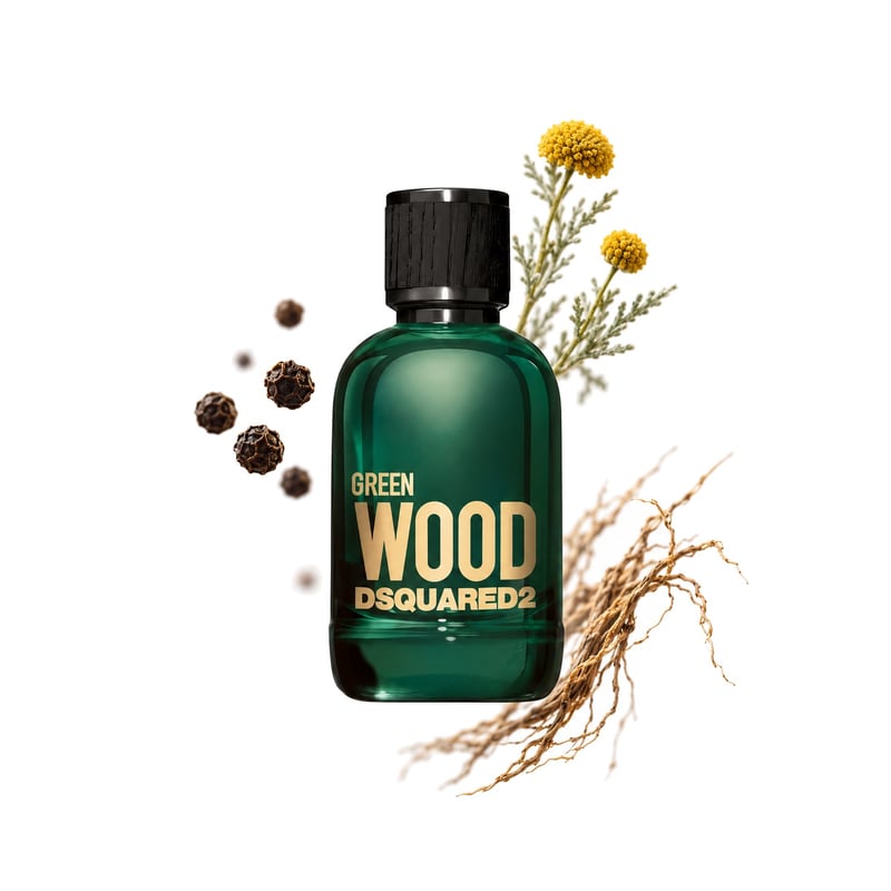 Green Wood by DSQUARED², bottle pictured with its key notes: Bourbon Pepper, Santolina and Vetiver