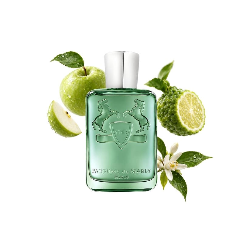 Greenley by Parfums de Marly, bottle pictured with its key notes: Green Apple, Calabrian Bergamot and Petitgrain