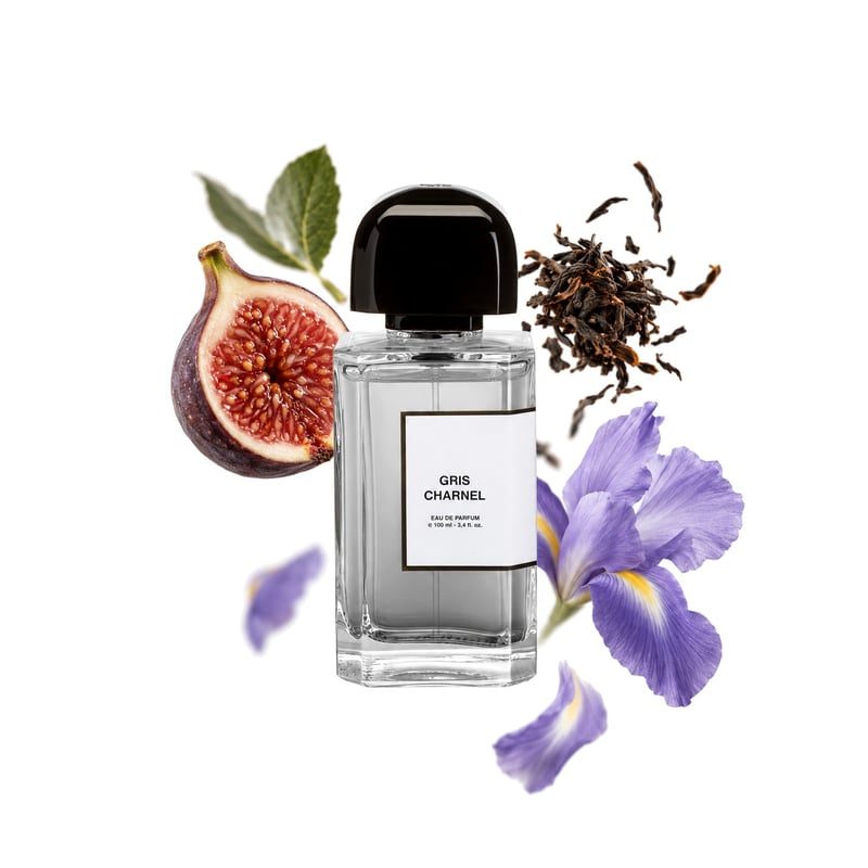 Gris Charnel by BDK Parfums, bottle pictured with its key notes: Fig, Black Tea and Iris
