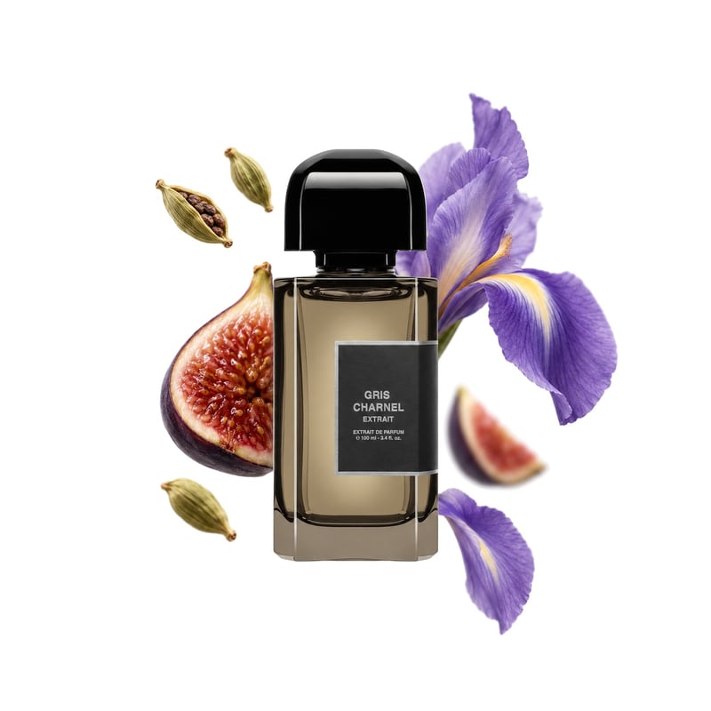 Gris Charnel Extrait by BDK Parfums, bottle pictured with its key notes: Cardamom, Fig and Iris