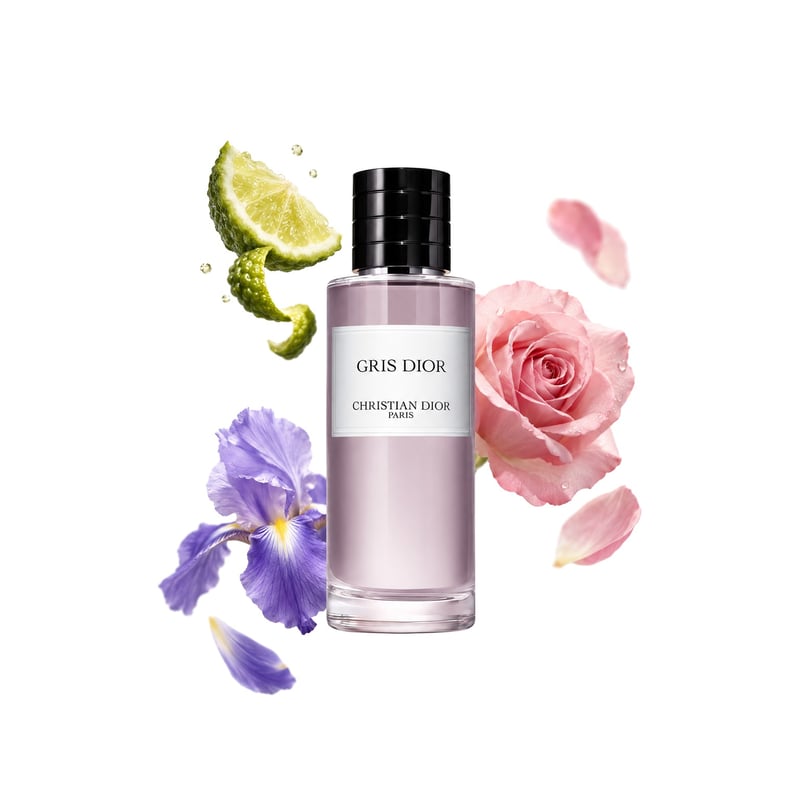 Gris Dior by Dior, bottle pictured with its key notes: Bergamot, Rose and Iris
