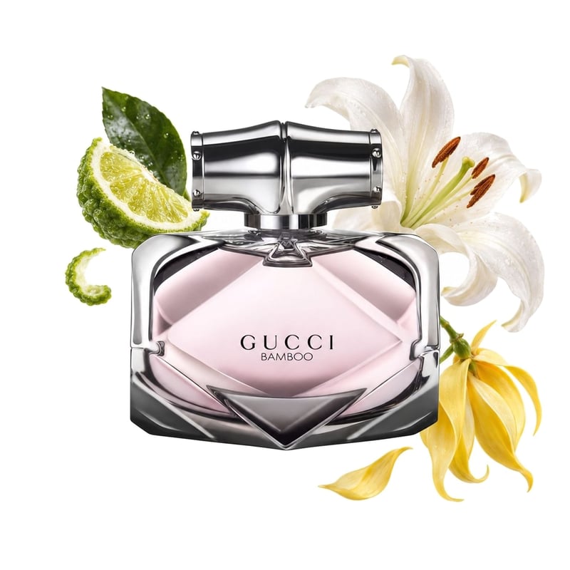 Gucci Bamboo de Gucci, flacon entouré de ses notes clés : Bergamote, Lys de Casablanca et Ylang-ylang