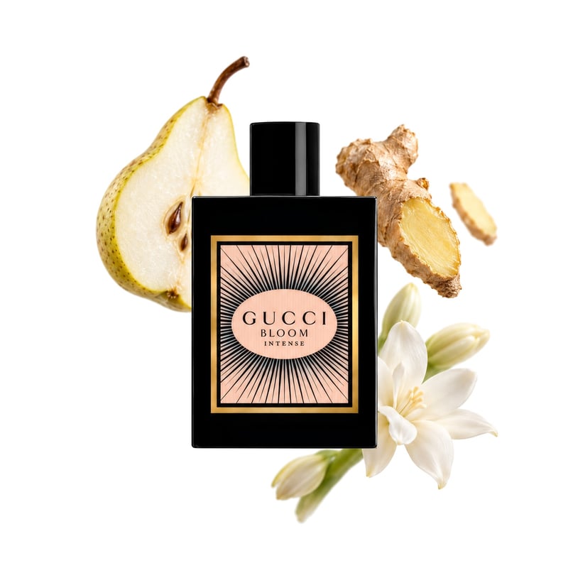 Gucci Bloom Intense by Gucci, bottle pictured with its key notes: Pear, Ginger and Tuberose