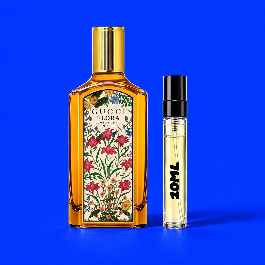 10 ml decant of Flora Gorgeous Orchid Intense by Gucci next to the original bottle