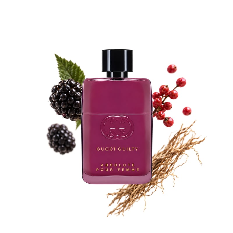 Gucci Guilty Absolute Pour Femme by Gucci, bottle pictured with its key notes: Blackberry, Pink Pepper and Vetiver