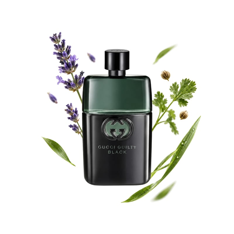Gucci Guilty Black Pour Homme by Gucci, bottle pictured with its key notes: Lavender, Green Coriander and Green Notes