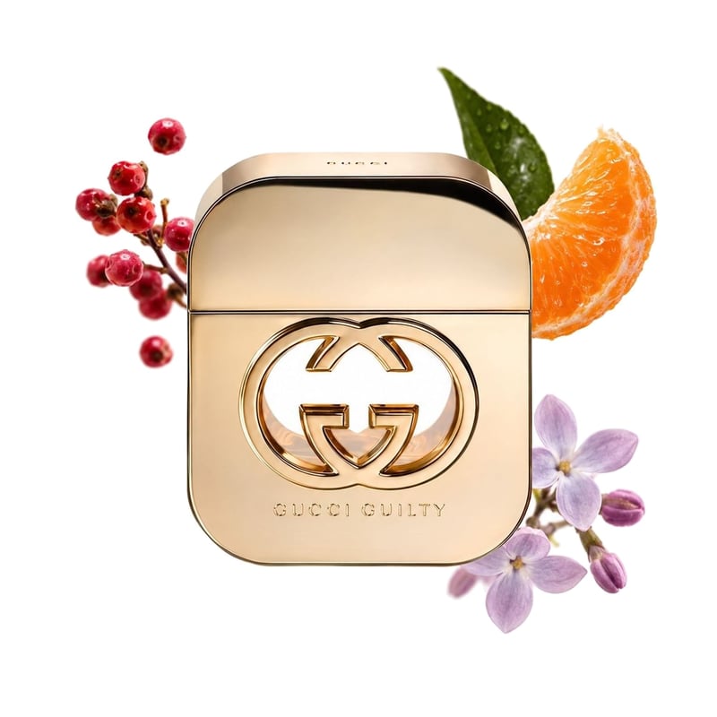 Gucci Guilty by Gucci, bottle pictured with its key notes: Pink Pepper, Mandarin Orange and Lilac