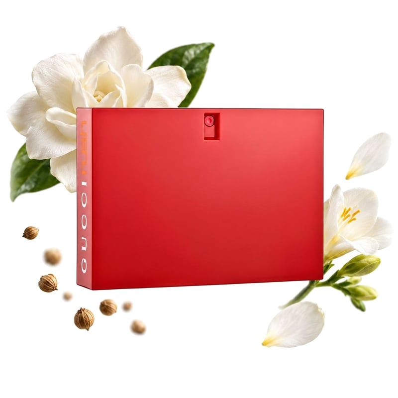 Gucci Rush by Gucci, bottle pictured with its key notes: Californian Gardenia, African Freesia Petals and Coriander