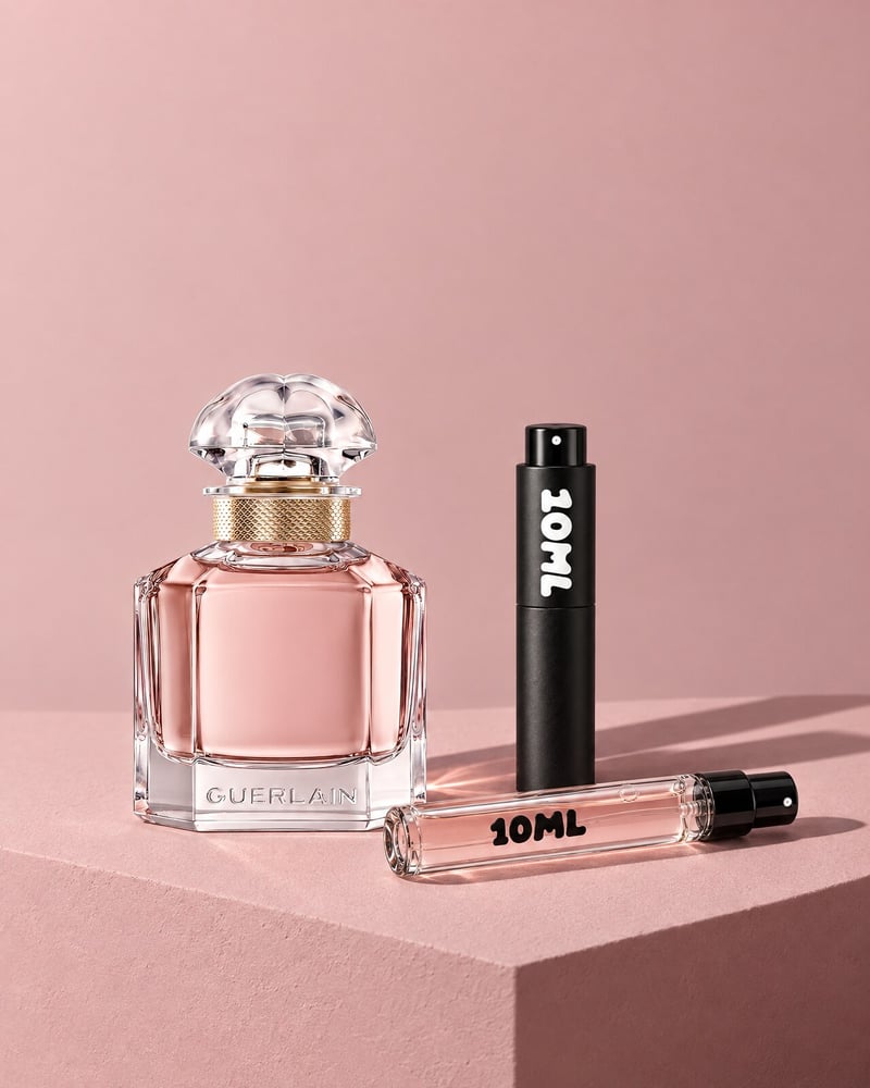 Mon Guerlain with a 10ML travel atomiser and a 10ML refill vial on a pink plinth