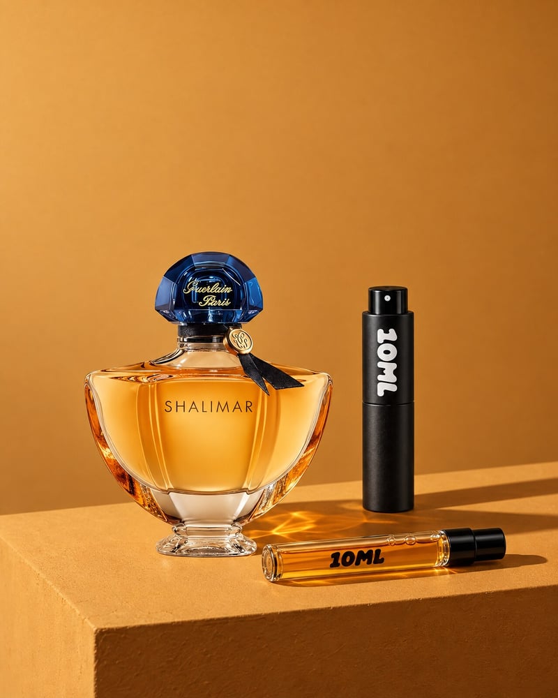 Guerlain Shalimar Eau de Parfum with a 10ML travel atomiser and a 10ML refill vial on an orange plinth