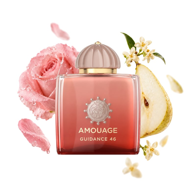 Guidance 46 by Amouage, bottle pictured with its key notes: Rose Water, Pear and Osmanthus
