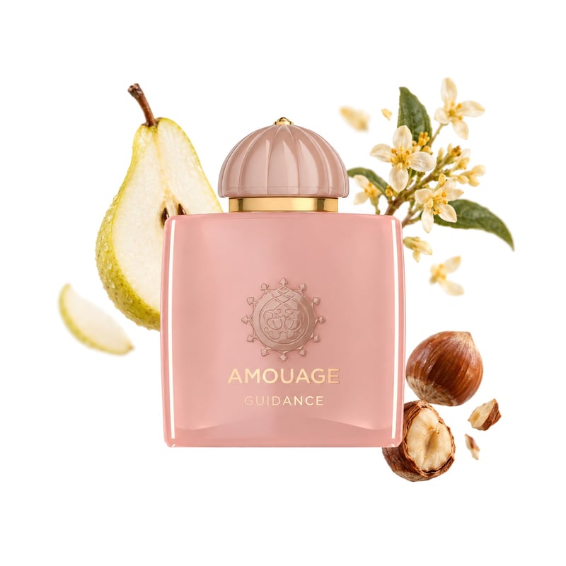Guidance by Amouage, bottle pictured with its key notes: Pear, Hazelnut and Osmanthus
