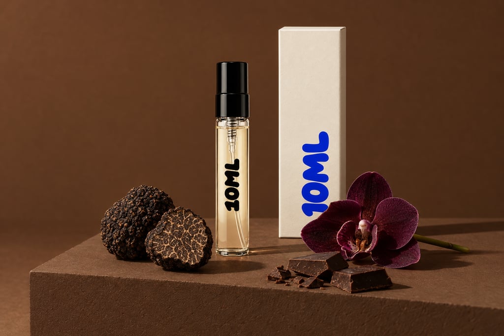 Un decant de 10ML de Black Orchid (Tom Ford) con sus notas clave: trufa, orquídea y chocolate negro