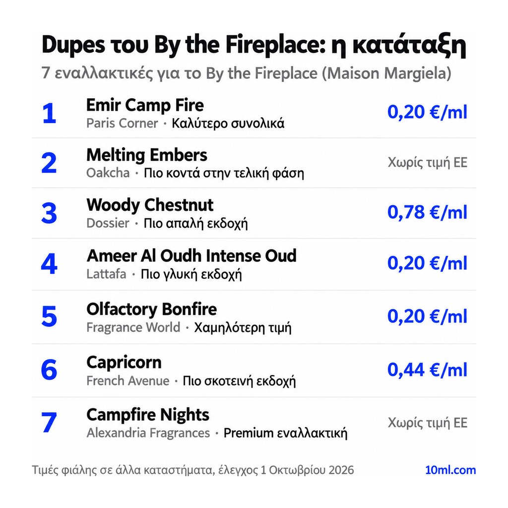Κατάταξη εναλλακτικών του By the Fireplace: 7 αρώματα με τον ρόλο και την τιμή ανά ml, πρώτο το Emir Camp Fire της Paris Corner