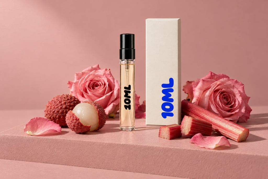 Un decant de 10ML de Delina (Parfums de Marly) con sus notas clave: lichi, rosa y ruibarbo