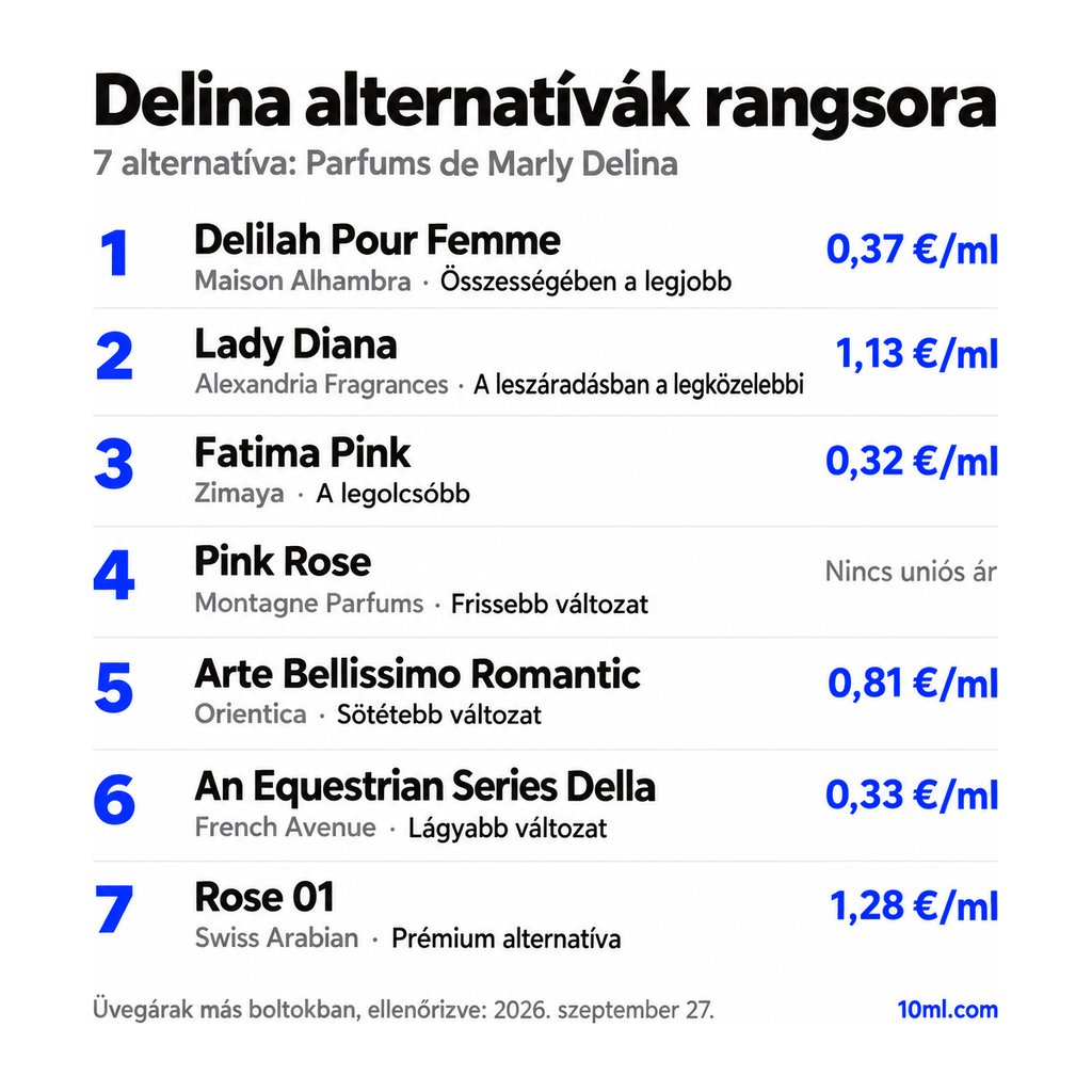 Delina alternatívák rangsora: 7 parfüm szerepével és milliliterenkénti árával; első helyen: Maison Alhambra Delilah Pour Femme