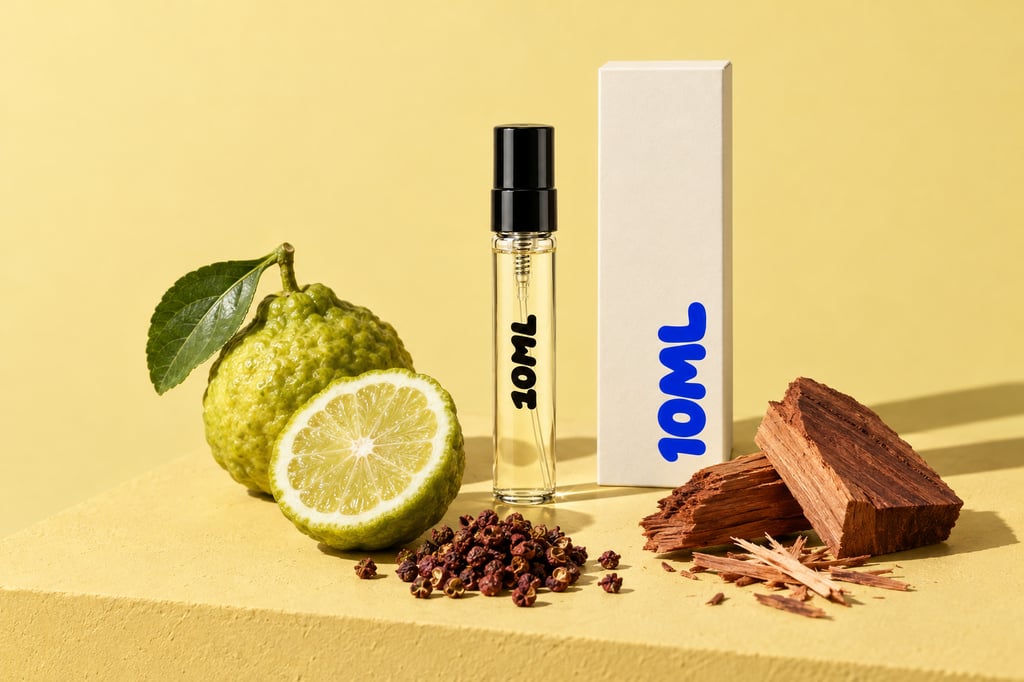 Un décant 10ML de Sauvage (Dior) avec ses notes clés : bergamote, poivre de Sichuan et bois de cèdre