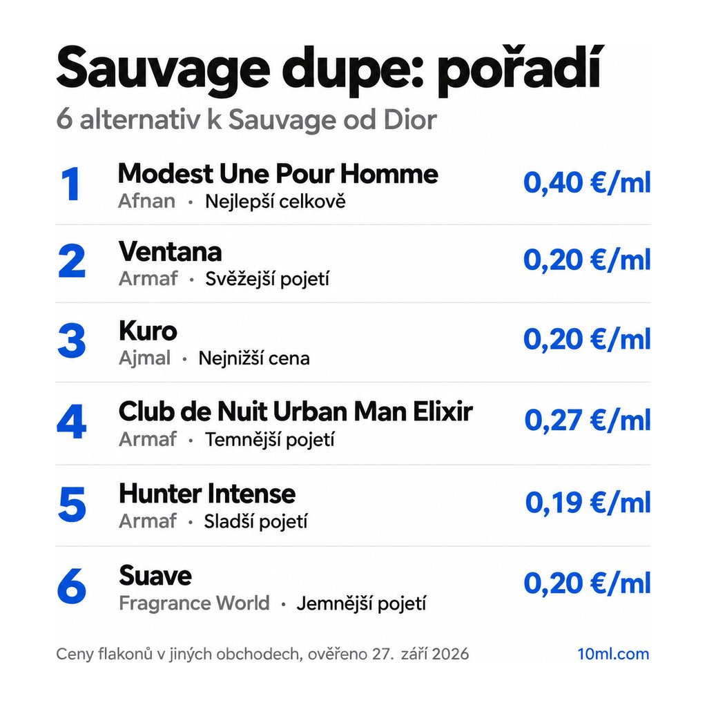 Žebříček alternativ k Sauvage: 6 parfémů s rolí a cenou za ml, v čele Modest Une Pour Homme od Afnan