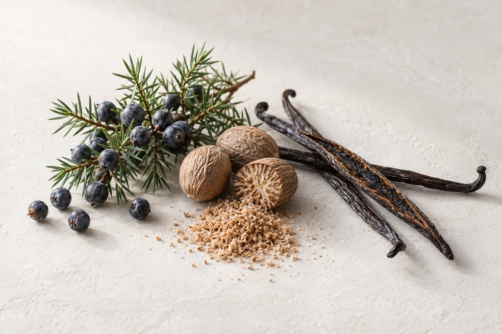 Juniper berries, nutmeg and vanilla as raw materials: notes of Gentle Fluidity Gold by Maison Francis Kurkdjian