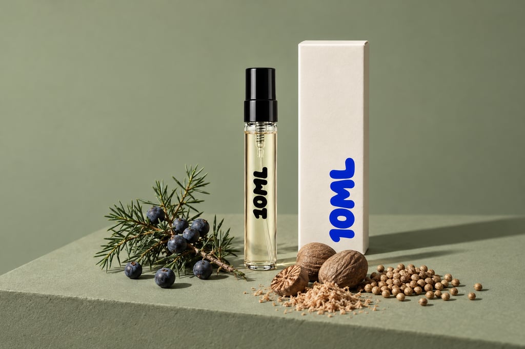 10ML-decant van Gentle Fluidity Silver van Maison Francis Kurkdjian met jeneverbes, nootmuskaat en korianderzaad, de belangrijkste geurnoten