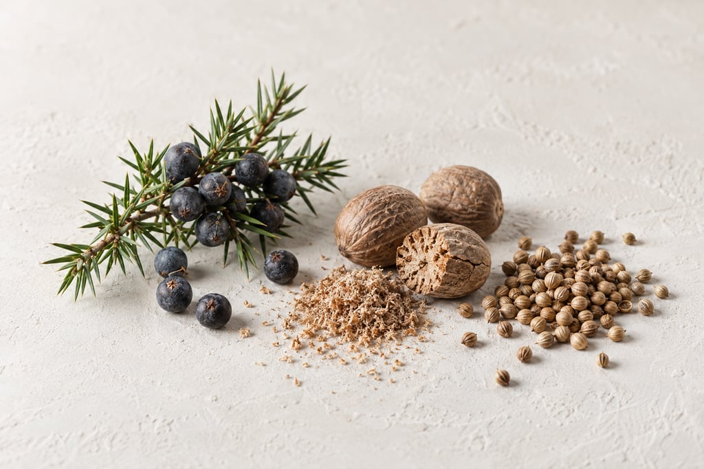 Juniper berries, nutmeg and coriander seeds as raw materials: notes of Gentle Fluidity Silver by Maison Francis Kurkdjian