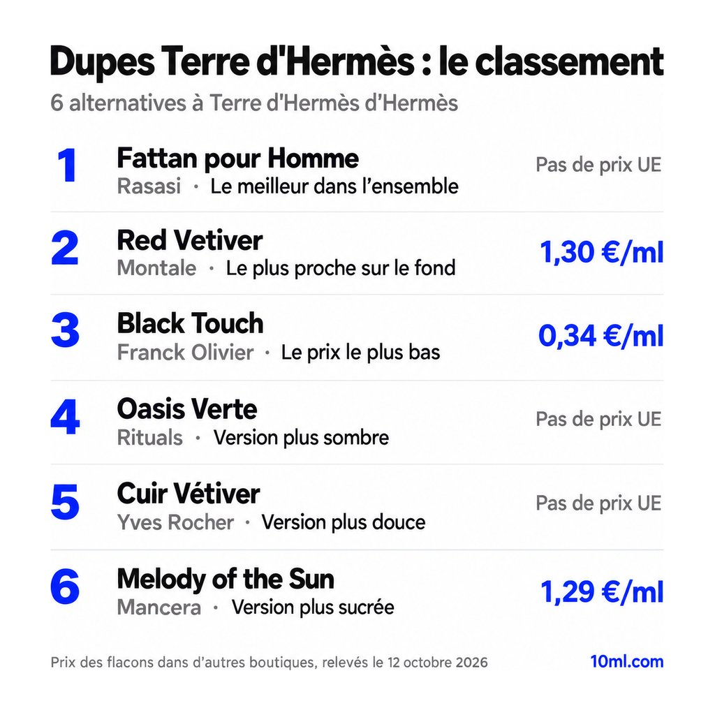 Classement des alternatives à Terre d'Hermès : 6 dupes avec leur rôle et leur prix au ml, en tête Fattan pour Homme de Rasasi