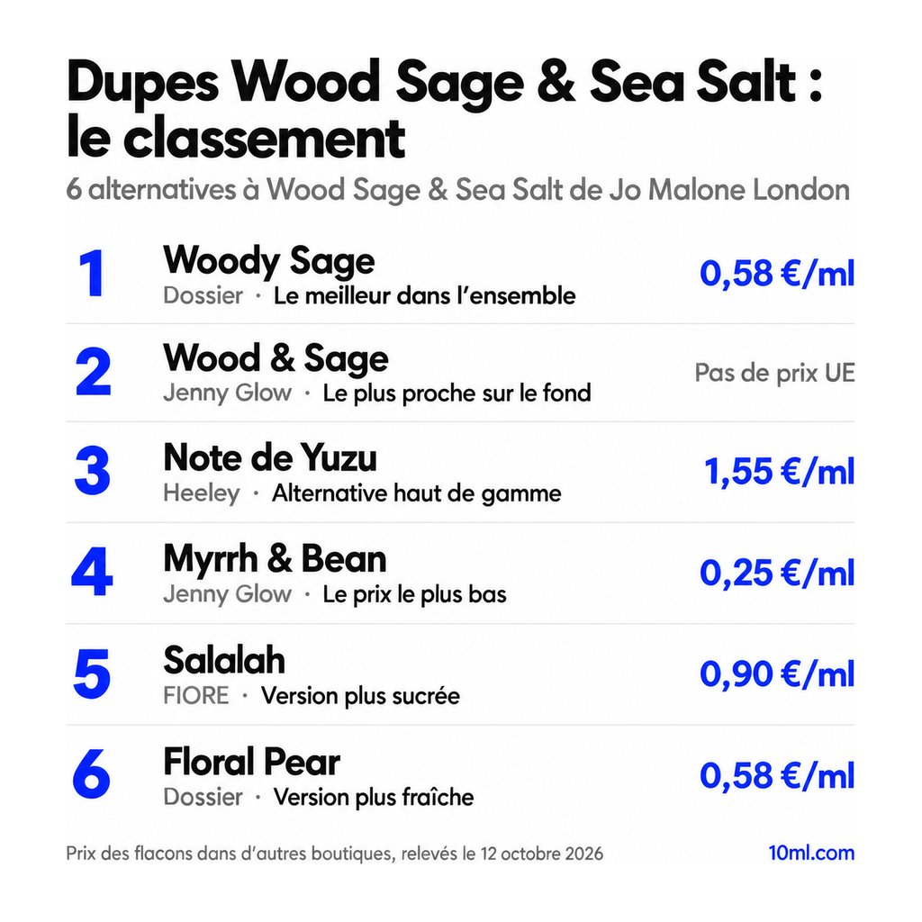Classement des alternatives à Wood Sage & Sea Salt : 6 dupes avec leur rôle et leur prix au ml, en tête Woody Sage de Dossier