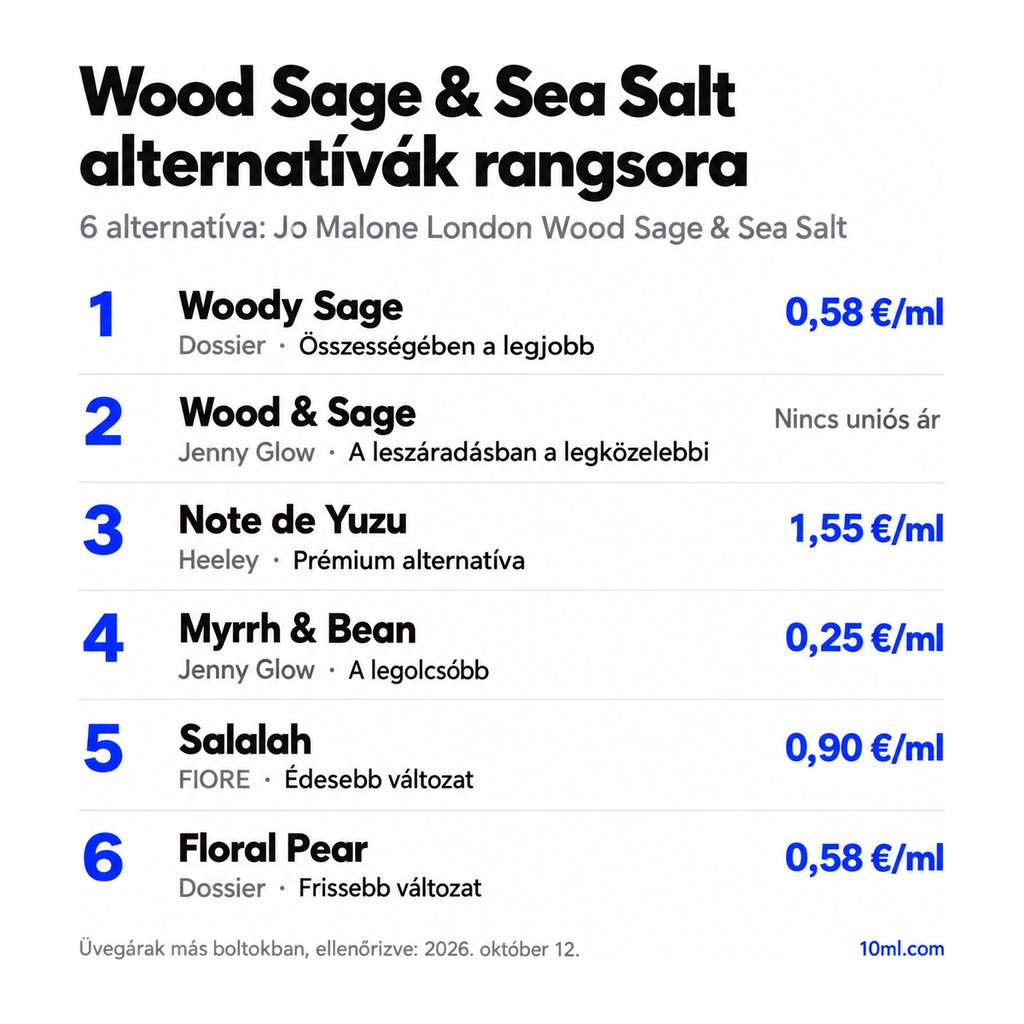 Wood Sage & Sea Salt alternatívák rangsora: 6 parfüm szerepével és milliliterenkénti árával; első helyen: Dossier Woody Sage