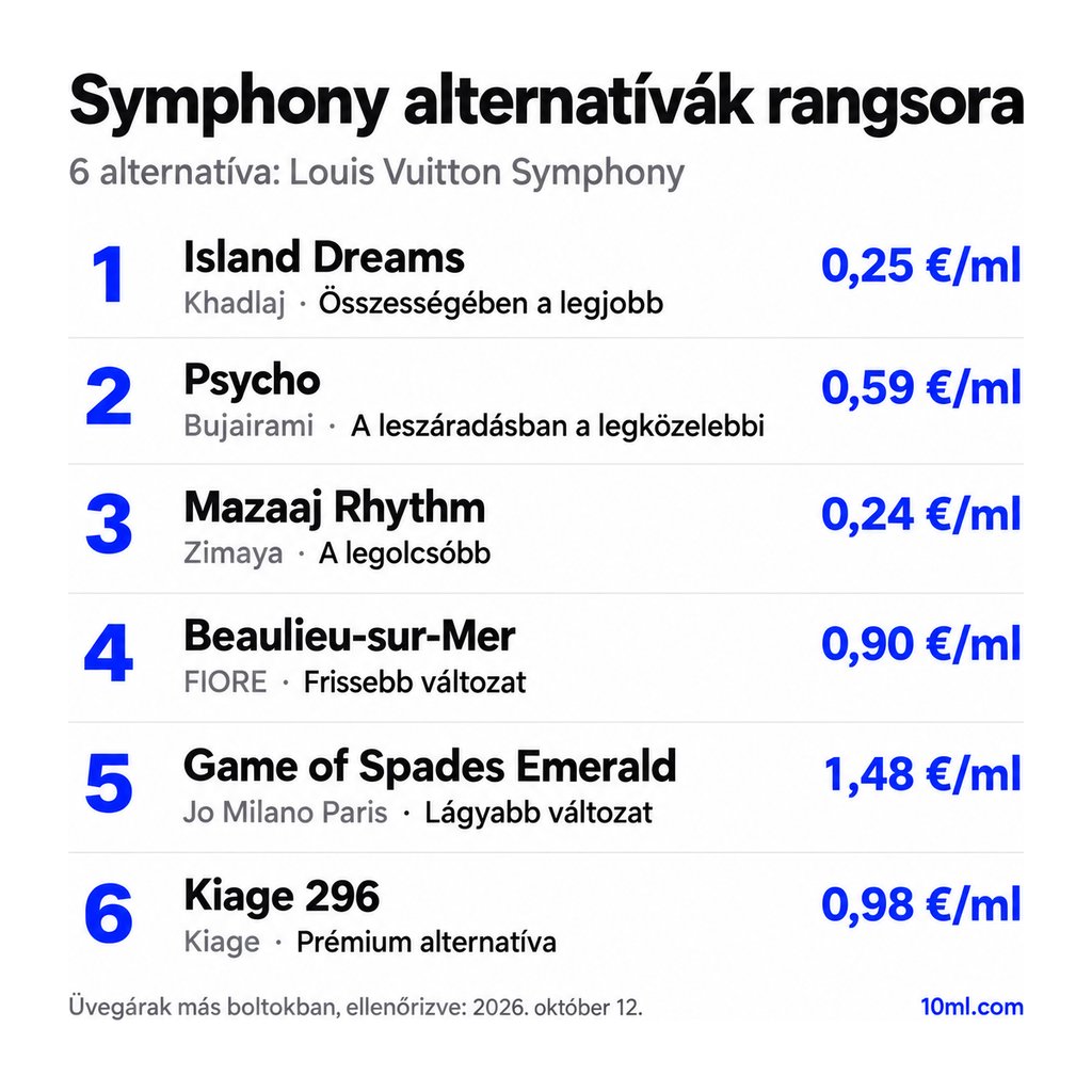 Symphony alternatívák rangsora: 6 parfüm szerepével és milliliterenkénti árával; első helyen: Khadlaj Island Dreams