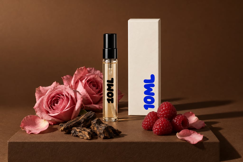 Un décant 10ML de Ombre Nomade (Louis Vuitton) avec ses notes clés : oud, framboise et rose