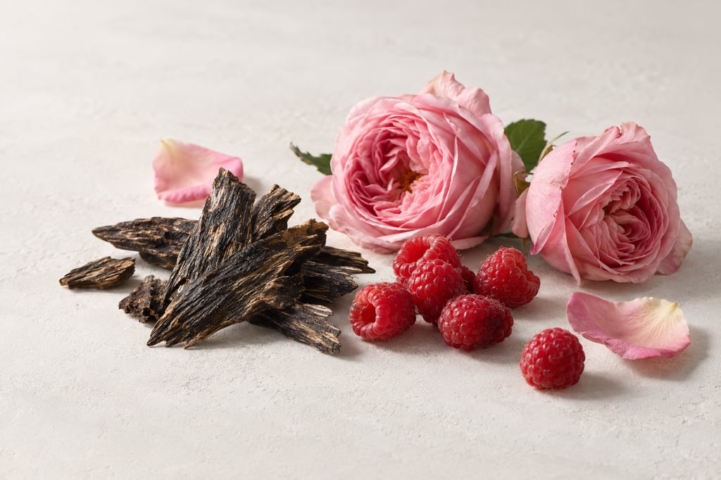 Oud, framboise et rose en matières premières : notes de Ombre Nomade de Louis Vuitton