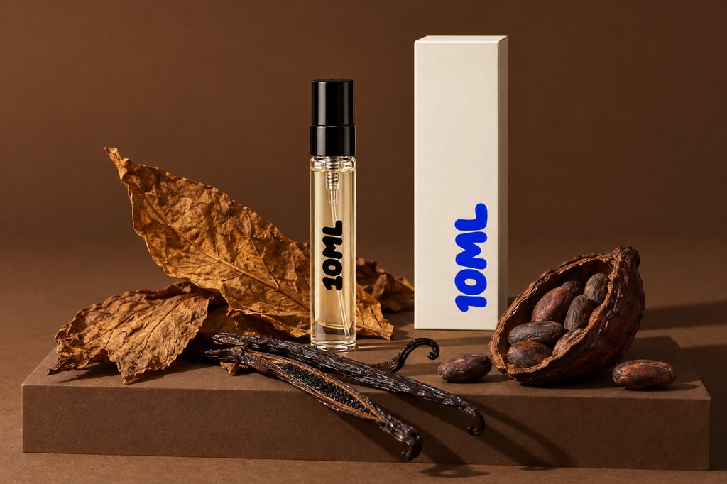 Un decant de 10ML de Tobacco Vanille (Tom Ford) con sus notas clave: hoja de tabaco, vainilla y cacao