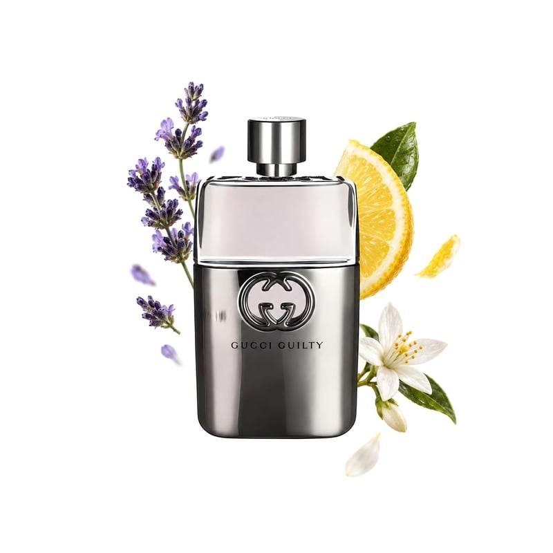 Gucci Guilty Pour Homme, flakon a jeho klíčové tóny: Levandule, Citron z Amalfi a Africký pomerančový květ