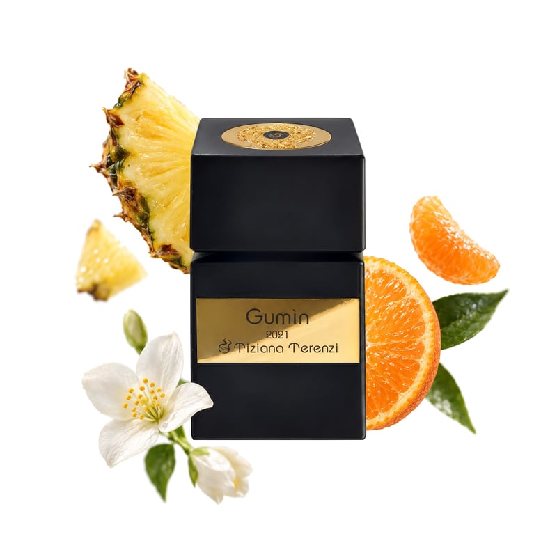 Gumin by Tiziana Terenzi, bottle pictured with its key notes: Pineapple, Mandarin Orange and Jasmine