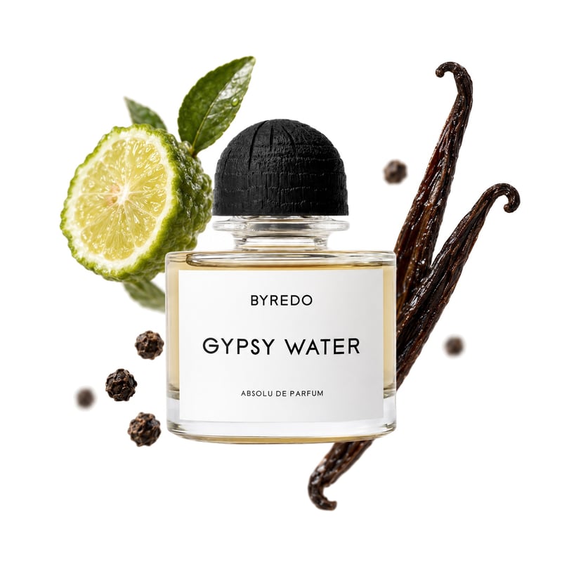 Byredo Gypsy Water Absolu, az üveg és fő illatjegyei: Bergamott, Fekete bors és Vaníliaabszolút