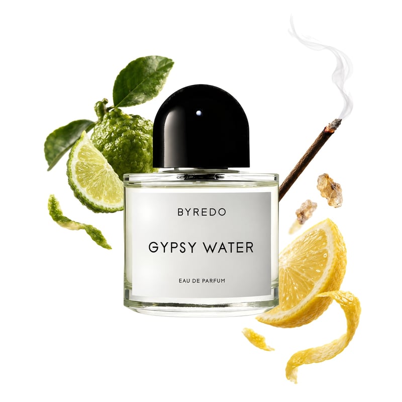 Gypsy Water by Byredo, bottle pictured with its key notes: Bergamot, Lemon and Incense