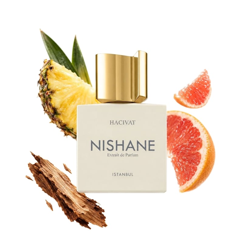 Hacivat by Nishane, bottle pictured with its key notes: Pineapple, Grapefruit and Cedar