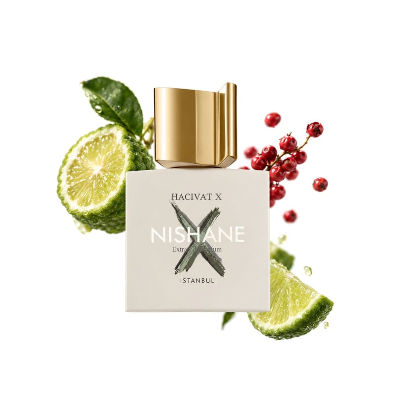 Hacivat X by Nishane, bottle pictured with its key notes: Bergamot, Pink Pepper and Lime