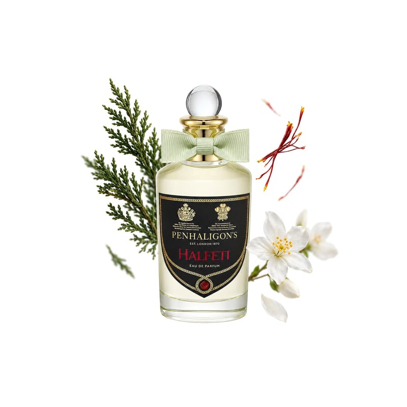 Halfeti by Penhaligon's, bottle pictured with its key notes: Cypress Leaf, Saffron and Jasmine