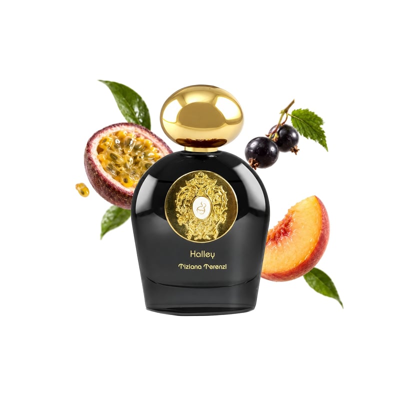 Halley by Tiziana Terenzi, bottle pictured with its key notes: Passionfruit, Cassis and Peach
