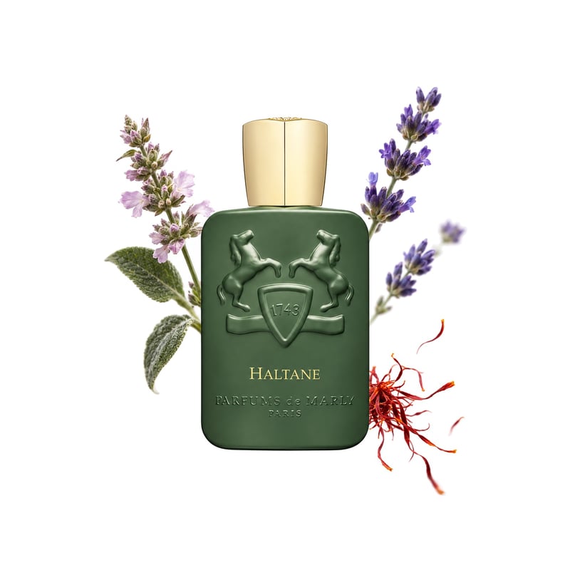 Parfums de Marly Haltane, flakon a jeho klíčové tóny: Muškátový šalvěj, Levandule a Šafrán