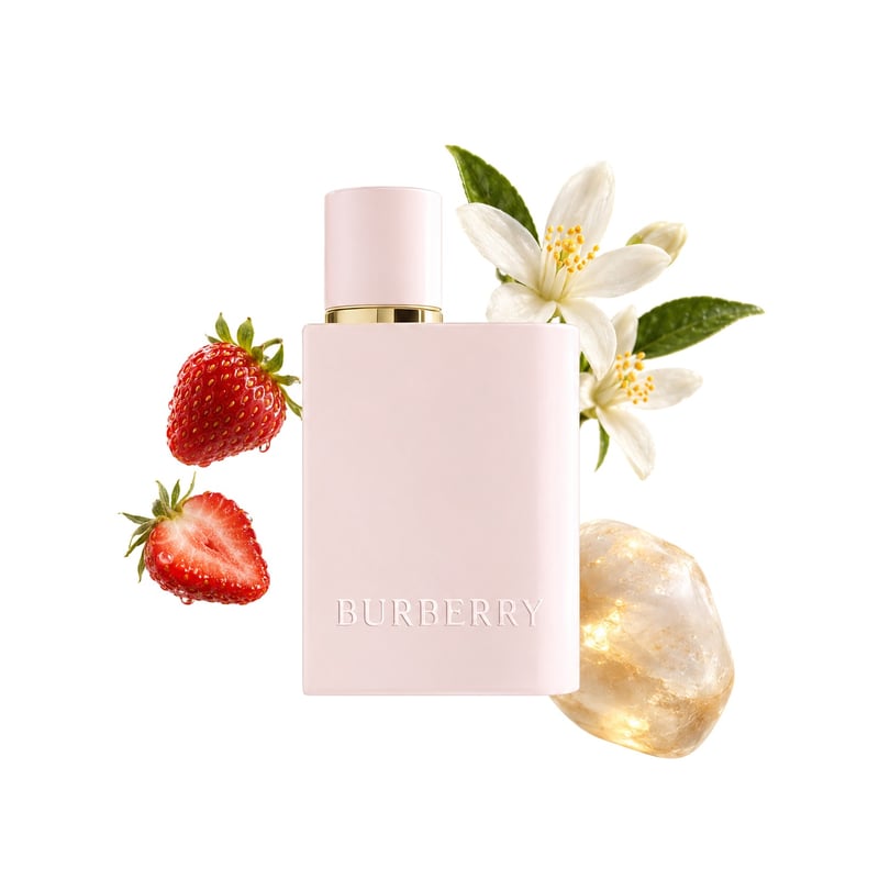 Her Intense by Burberry, bottle pictured with its key notes: Wild Strawberry, Orange Blossom and Ambroxan