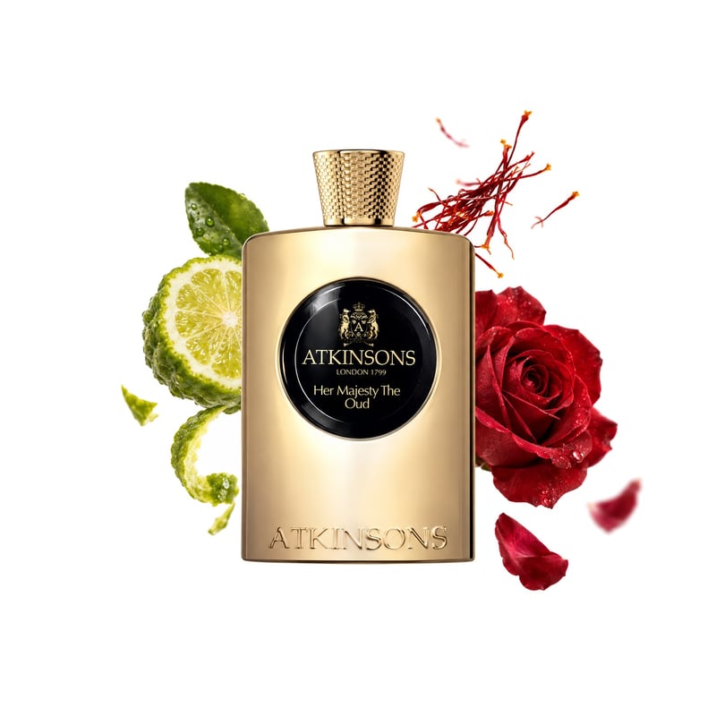 Her Majesty The Oud d’Atkinsons, flacon entouré de ses notes clés : Bergamote, Safran et Rose