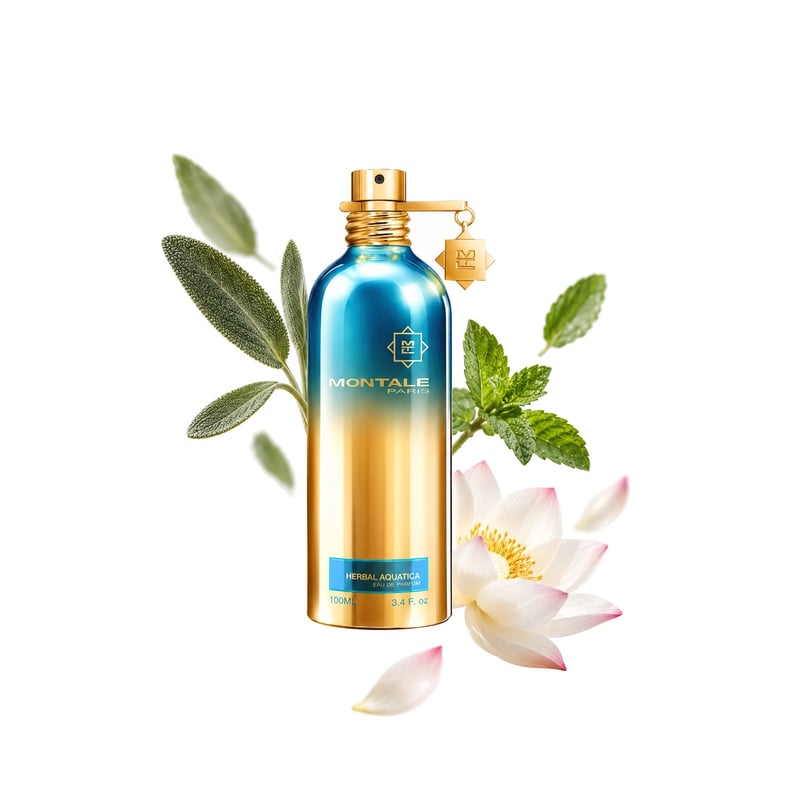 Herbal Aquatica by Montale, bottle pictured with its key notes: Sage, Mint and Lotus