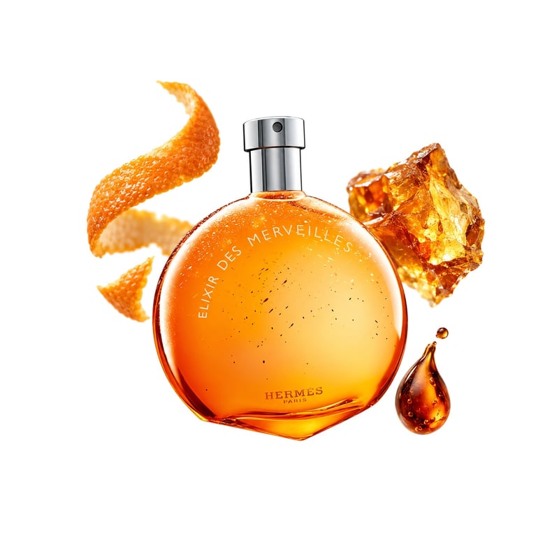 Elixir des Merveilles by Hermès, bottle pictured with its key notes: Orange Peel, Amber and Peru Balsam