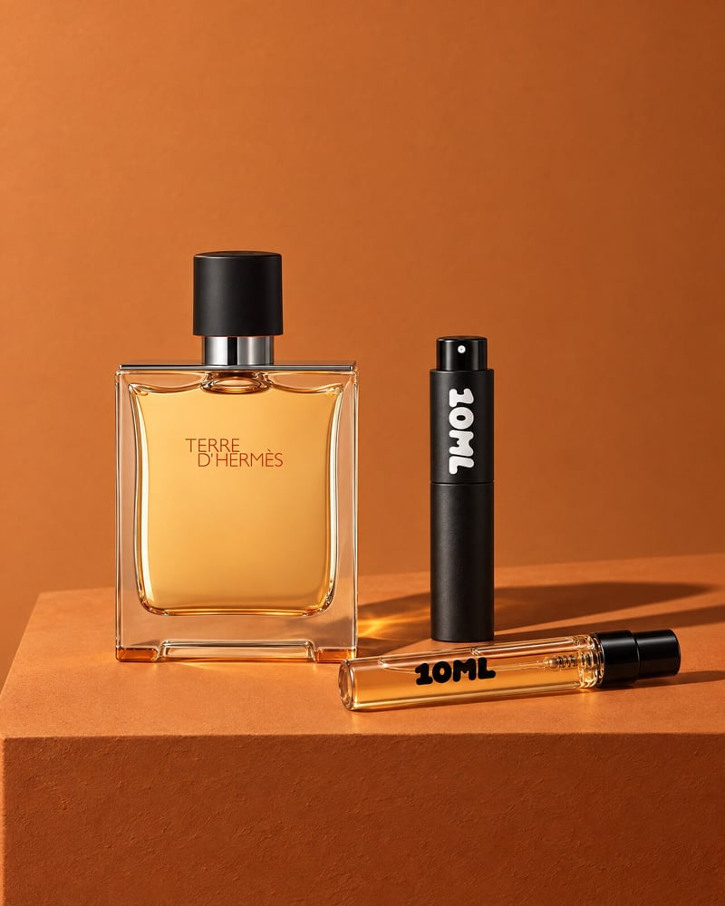 Terre d'Hermès egy 10ML utazó szórófejjel és egy 10ML utántöltő fiolával, narancssárga talapzaton